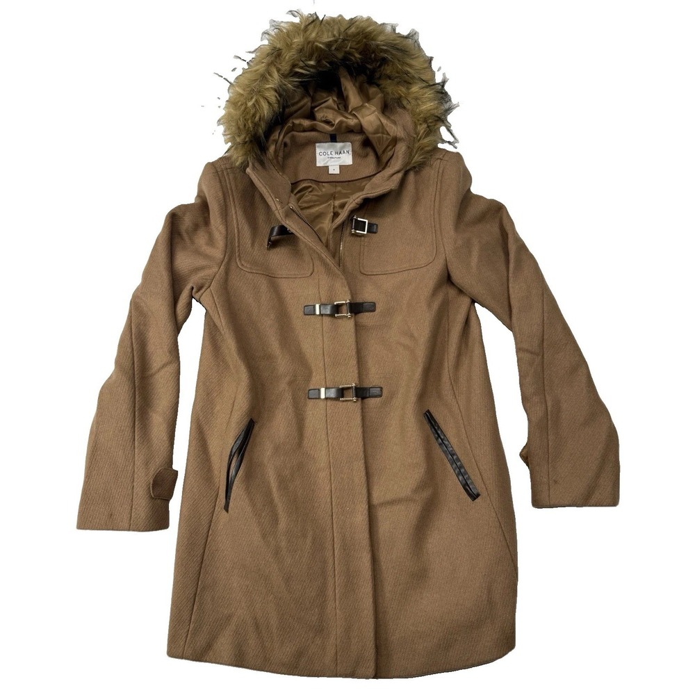 Cole Haan Signature Wool Blend Snap Faux-Fur-Trim Hooded Coat Camel Size 8